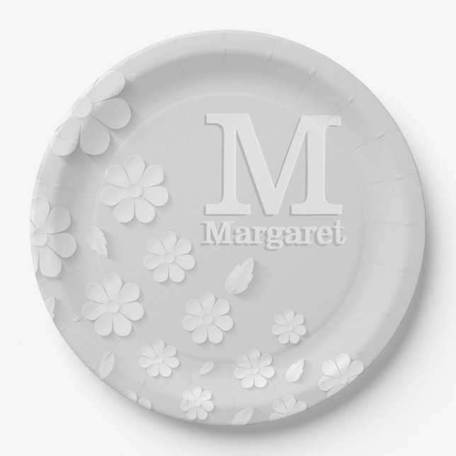 White floral embossed name initials personalized  paper plate (Front)
