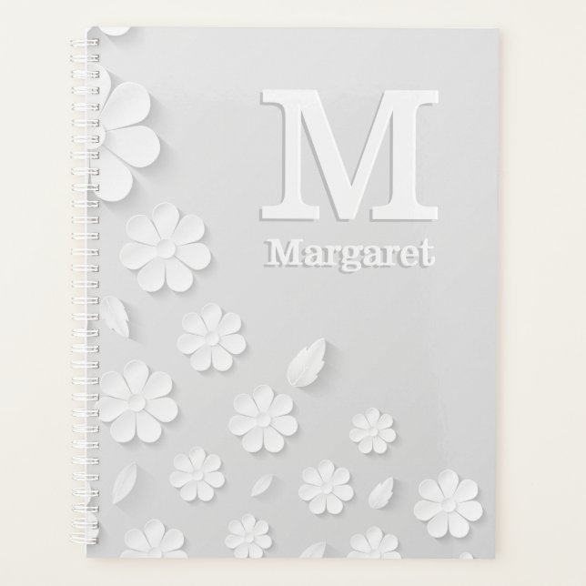 White floral embossed name initials personalized planner (Front)