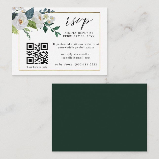 White Floral Emerald Gold QR Code Wedding RSVP Enclosure Card (Front/Back)