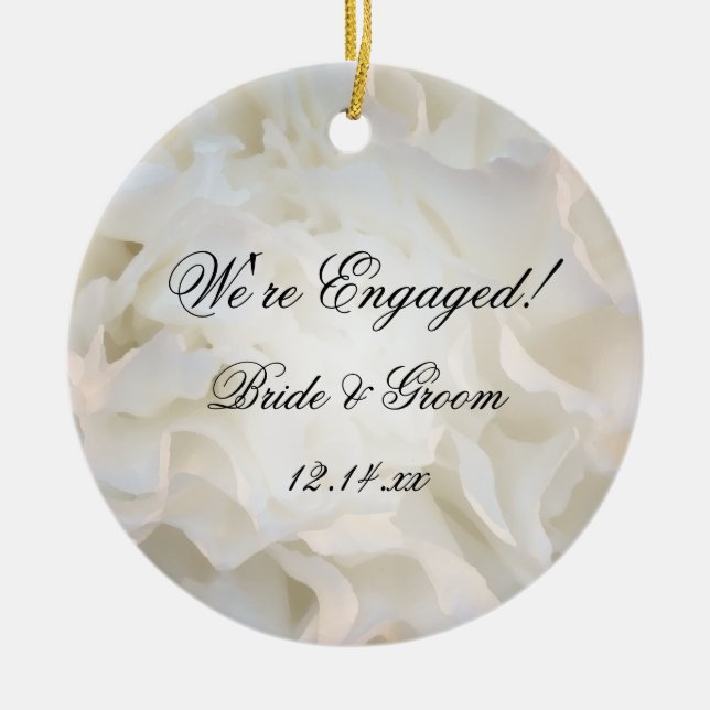 White Floral Engagement Ceramic Ornament (Front)