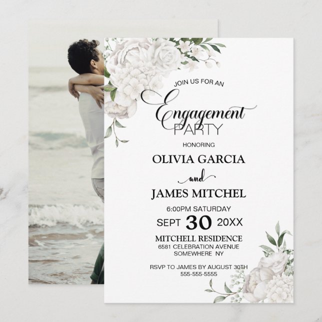 White Floral Engagement Party Invitation (Front/Back)