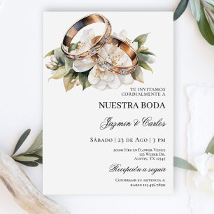 White Floral engagement rings Spanish Wedding Invi Invitation