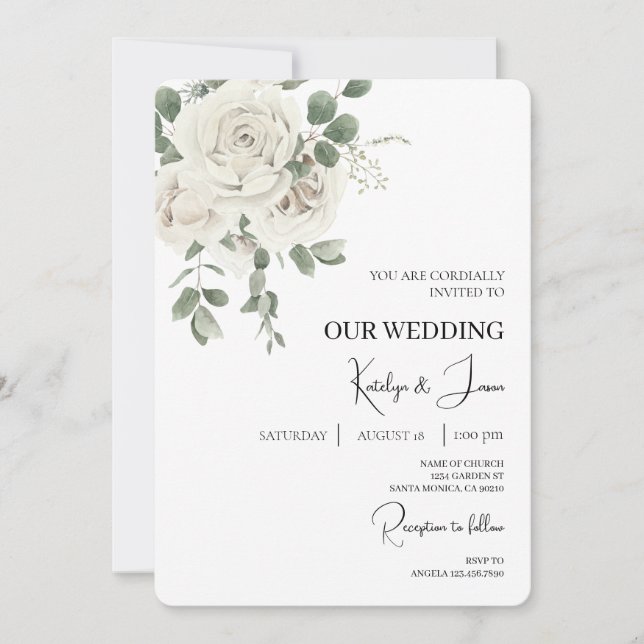 White Floral English Wedding Invitation (Front)