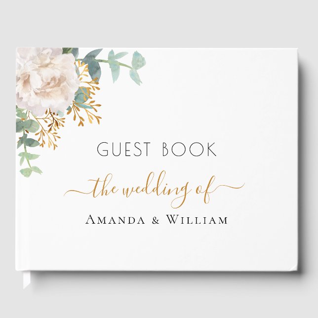 White floral eucalyptus greenery wedding guest book (Front)
