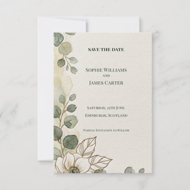 White Floral Eucalyptus Save The Date Card (Front)