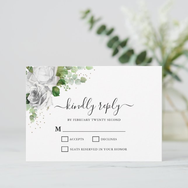 White Floral & Eucalyptus Wedding RSVP Card (Standing Front)