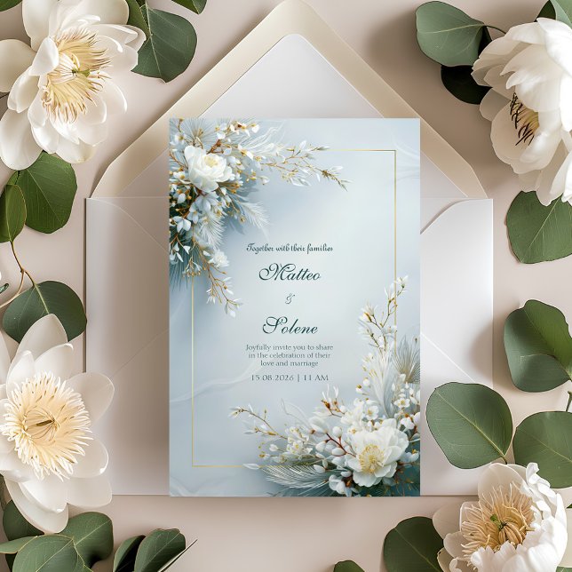 White Floral Feather Gold Frame Elegant Wedding Invitation (Creator Uploaded)