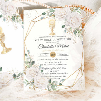 White Floral First Holy Communion Gold Chalice Invitation