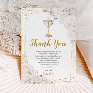 White Floral First Holy Communion Gold Chalice Thank You Card