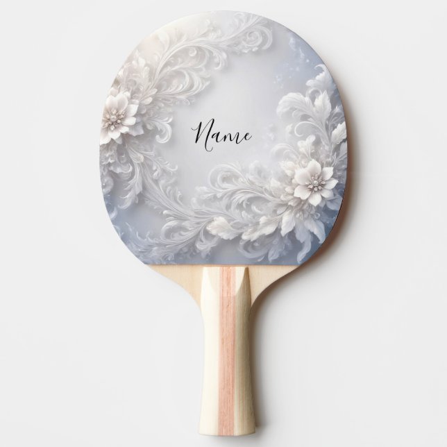 White Floral Flourish Ping Pong Paddle (Front)