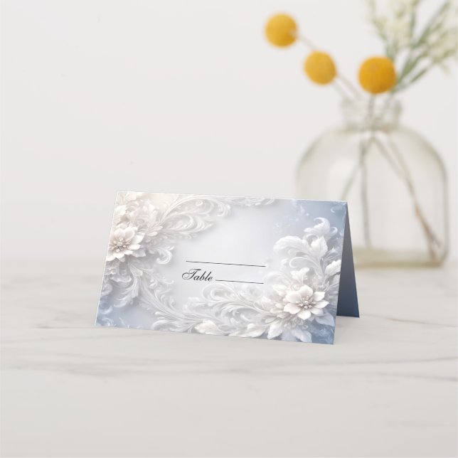 White Floral Flourish Place Card (Front)