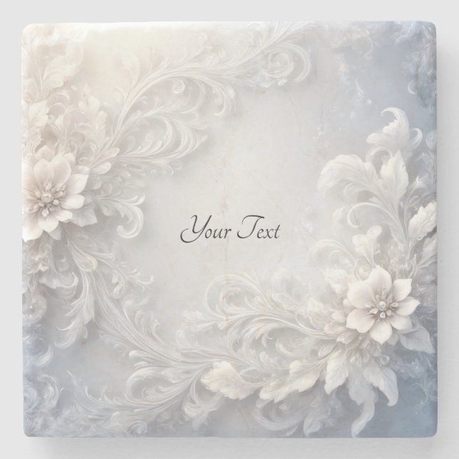 White Floral Flourish Stone Coaster (Front)