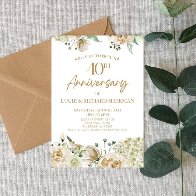 White Floral Flower 40th Wedding Anniversary Invitation (Creator Uploaded)