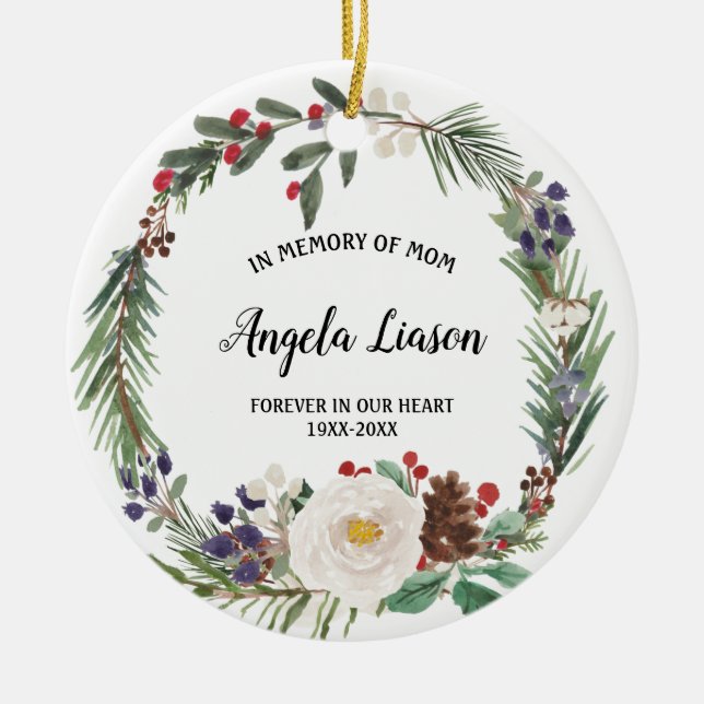 White Floral Flower In Memory of Mom Christmas Ceramic Ornament (Front)