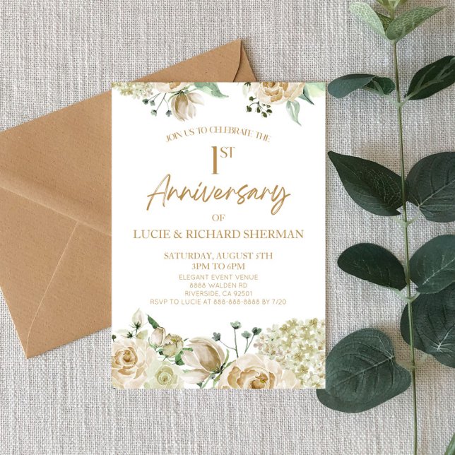 White Floral Flowers 1st First Wedding Anniversary Invitation (Creator Uploaded)