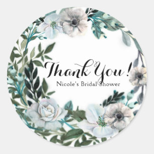 White Floral Flowers Botanical Greenery Wreath Classic Round Sticker