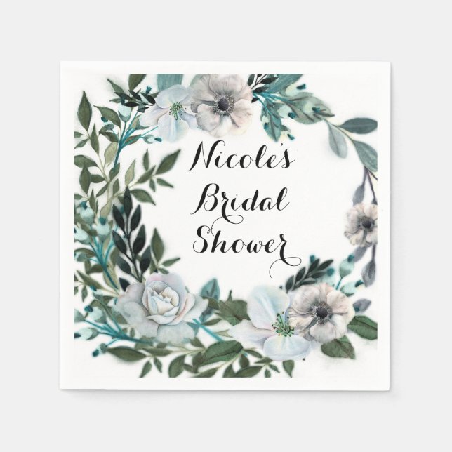 White Floral Flowers Botanical Greenery Wreath Napkin (Front)