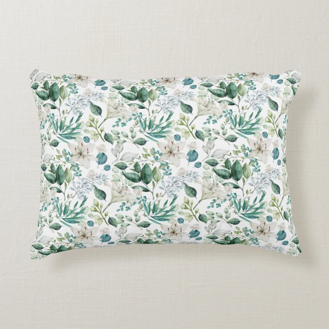 White Floral Flowers Greenery Eucalyptus Elegant Accent Pillow (Front)