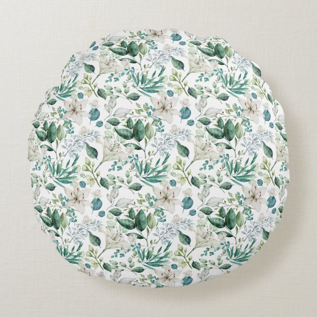 White Floral Flowers Greenery Eucalyptus Elegant Round Pillow (Front)