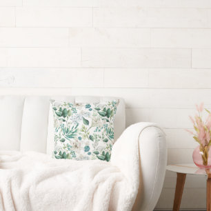 White Floral Flowers Greenery Eucalyptus Trendy  Throw Pillow
