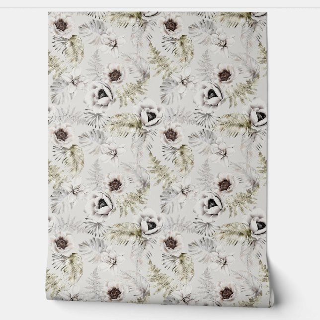 White Floral Foliage Watercolor Wallpaper (Unrolling)