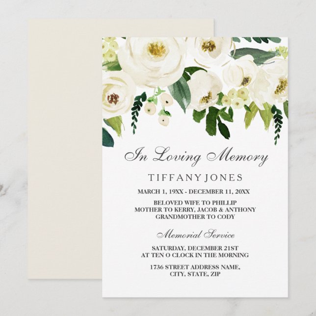 White Floral Funeral Memorial Service Announcement (Front/Back)