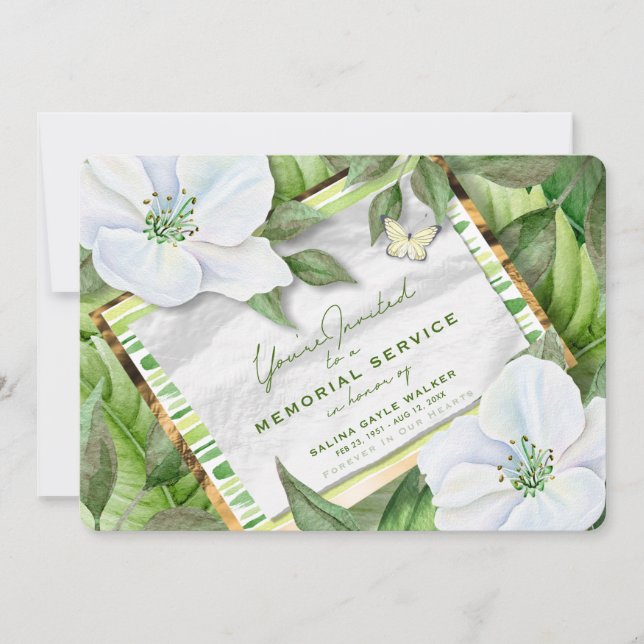 White Floral Garden Greens Memorial Service Invite (Front)