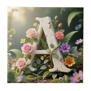 White Floral Garden Monogram Letter A Tile
