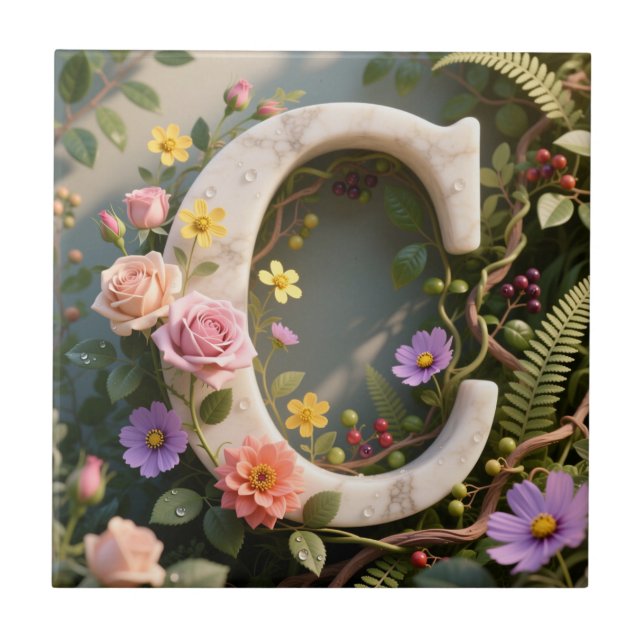 White Floral Garden Monogram Letter C Tile (Front)