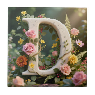 White Floral Garden Monogram Letter D Tile