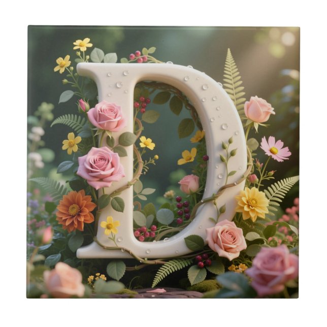 White Floral Garden Monogram Letter D Tile (Front)