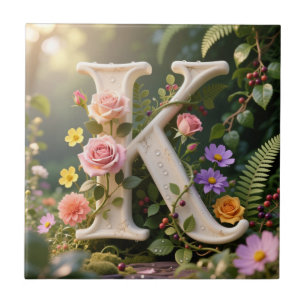 White Floral Garden Monogram Letter K Tile