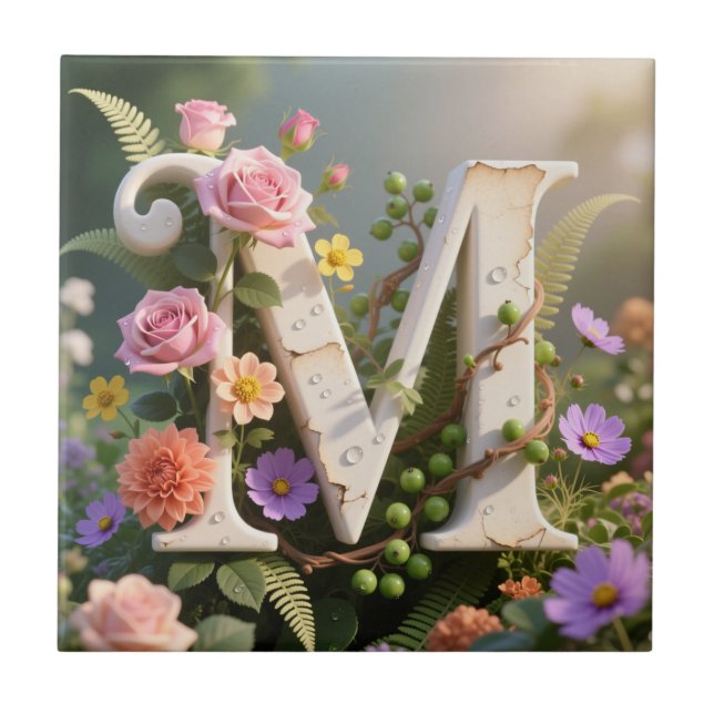 White Floral Garden Monogram Letter M Tile (Front)