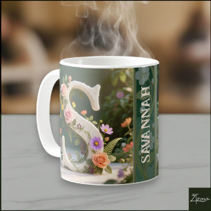 White Floral Garden Monogram Letter S Coffee Mug