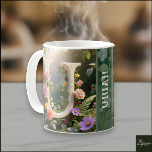 White Floral Garden Monogram Letter U Coffee Mug