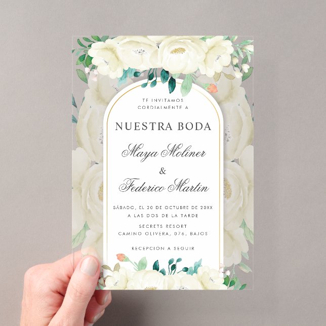 White Floral Garden Nuestra Boda Spanish Wedding Acrylic Invitations (Insitu (Handheld))
