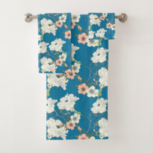 White Floral Garden Pattern Bath Towel Set