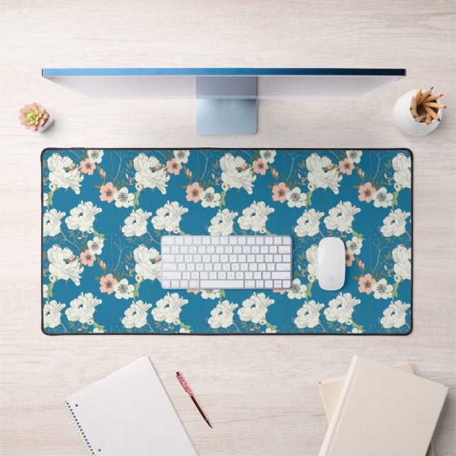 White Floral Garden Pattern Desk Mat (Office 1)