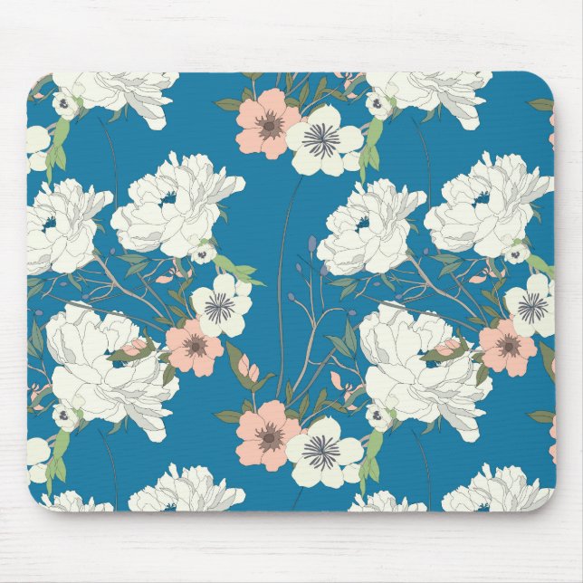 White Floral Garden Pattern Mouse Pad (Front)