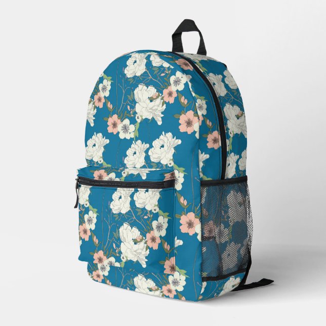 White Floral Garden Pattern Printed Backpack (Back Corner Right)