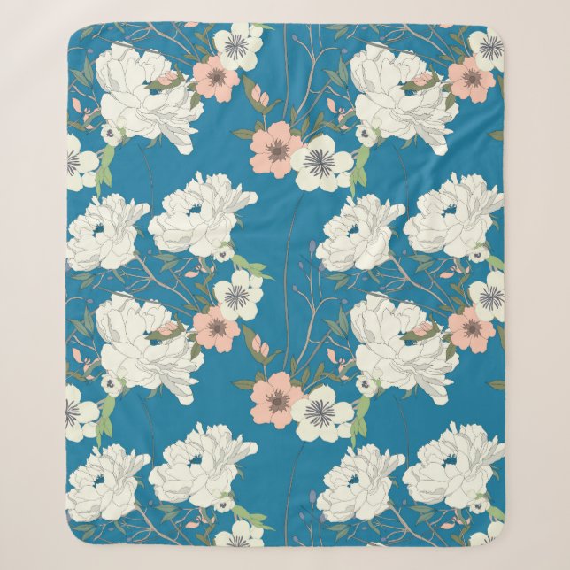 White Floral Garden Pattern Sherpa Blanket (Front)