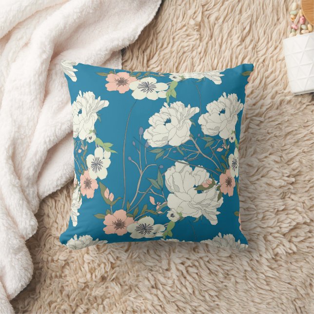 White Floral Garden Pattern Throw Pillow (Blanket)