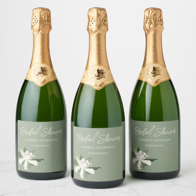White Floral Gardenia Simple Garden Bridal Shower  Sparkling Wine Label (Bottles)