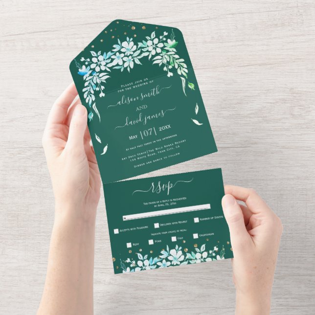 White floral garland evergreen green wedding all in one invitation (Tearaway)