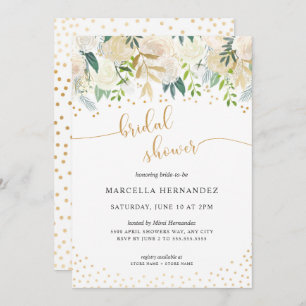 White Floral + Gold Bridal Shower Invitation