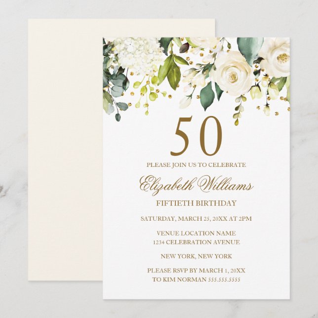 White Floral Gold Confetti 50th Birthday Invitation (Front/Back)