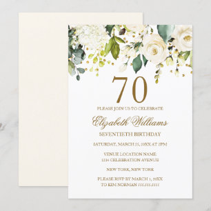 White Floral Gold Confetti 70th Birthday Invitation