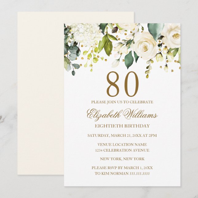 White Floral Gold Confetti 80th Birthday Invitation (Front/Back)