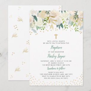White Floral Gold Confetti Baptism invitation
