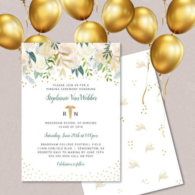 White Floral Gold Confetti RN graduation invites (Creator Uploaded)